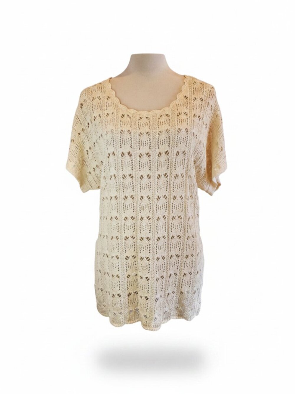 COLDWATER CREEK SZ L 14 Women's Open Crochet Knit Linen-blend Top Ivory/Cream